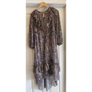 Anthropologie Dress Womens XXS Multicolor Floral Ruffle High Low Chiffon Midi